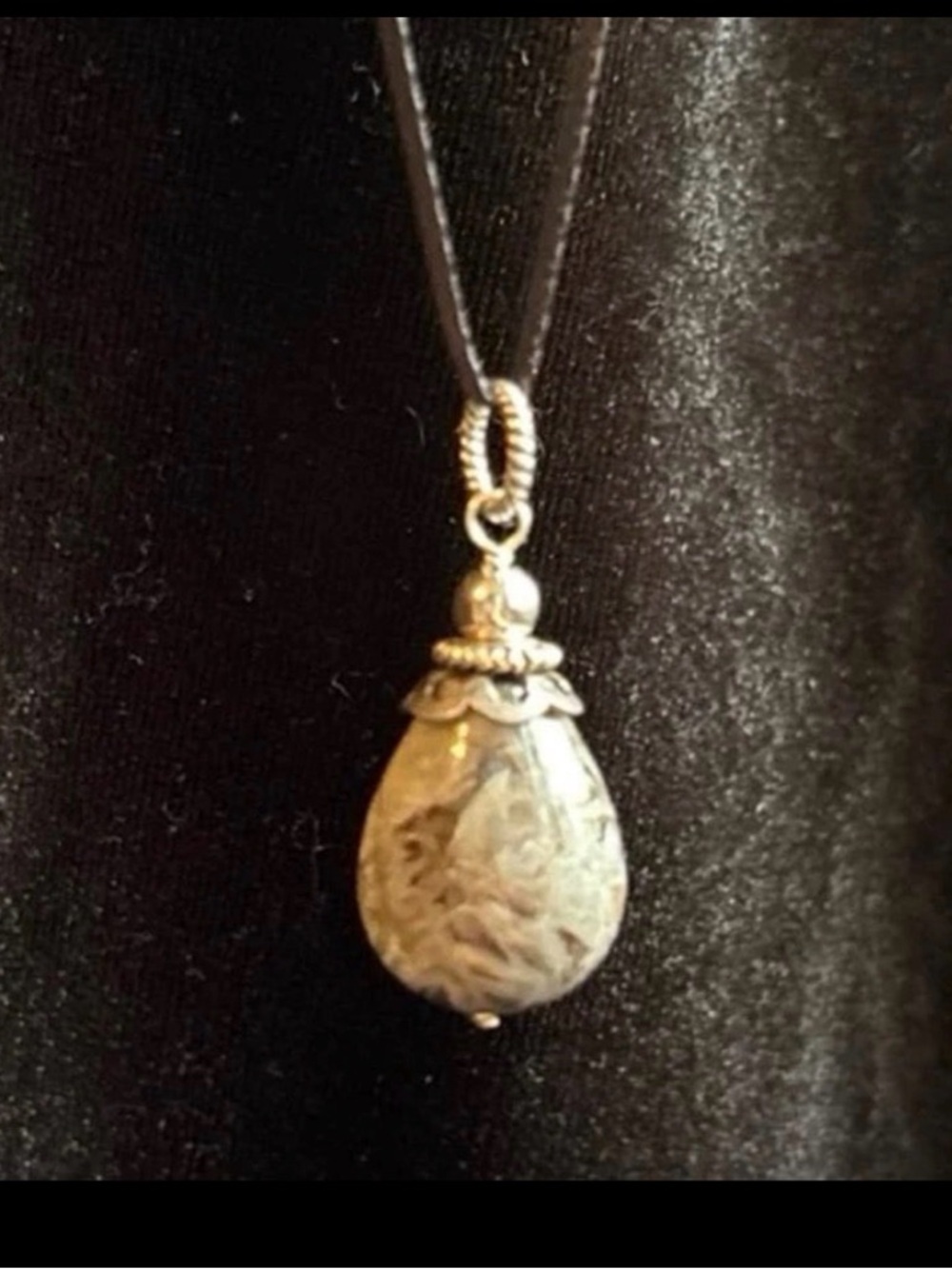 Brown Marbled Teardrop Pendant Necklace on Black Cord